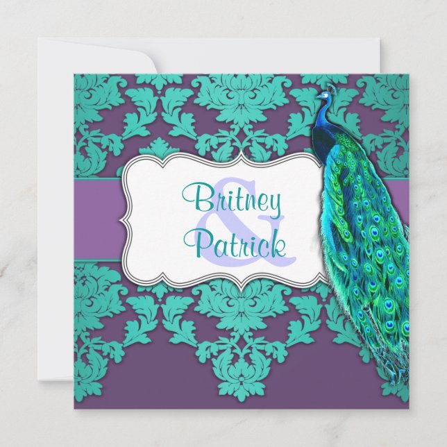 Aqua Peacock & Purple Damask Wedding Invitations (Front)