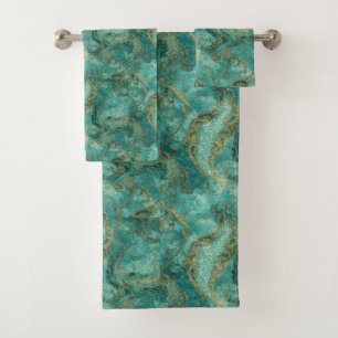 Aqua Pearlescent & Gold Mermaid Scale Pattern  Bath Towel Set