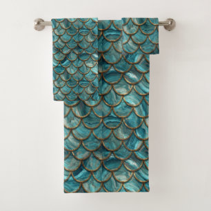 Aqua Pearlescent & Gold Mermaid Scale Pattern  Bath Towel Set