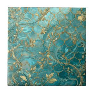 Aqua Pearlescent & Gold Mermaid Scale Pattern  Ceramic Tile