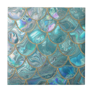 Aqua Pearlescent & Gold Mermaid Scale Pattern  Ceramic Tile