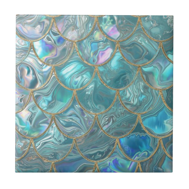 Aqua Pearlescent & Gold Mermaid Scale Pattern  Ceramic Tile (Front)