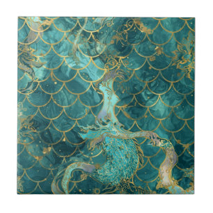 Aqua Pearlescent & Gold Mermaid Scale Pattern  Ceramic Tile
