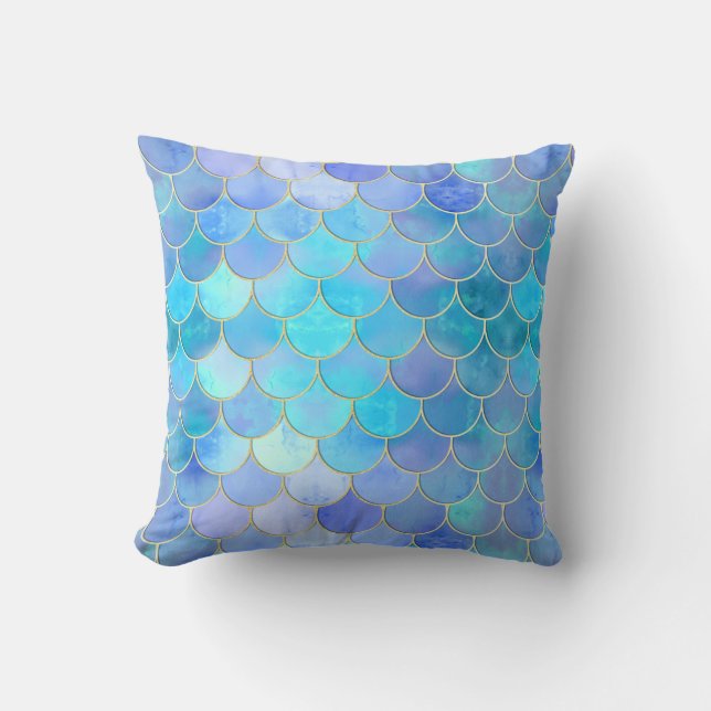 Aqua Pearlescent & Gold Mermaid Scale Pattern Cushion (Front)