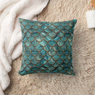Aqua Pearlescent & Gold Mermaid Scale Pattern Cushion
