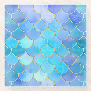 Aqua Pearlescent & Gold Mermaid Scale Pattern Glass Coaster