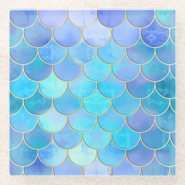 Aqua Pearlescent & Gold Mermaid Scale Pattern Glass Coaster (Front)