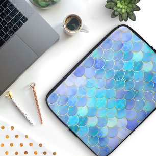 Aqua Pearlescent & Gold Mermaid Scale Pattern Laptop Sleeve