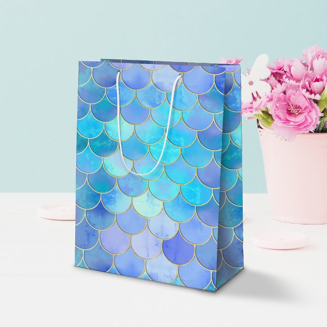 Aqua Pearlescent & Gold Mermaid Scale Pattern Medium Gift Bag (Mermaid Scale Pattern Gift Bag)