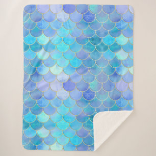 Aqua Pearlescent & Gold Mermaid Scale Pattern Sherpa Blanket