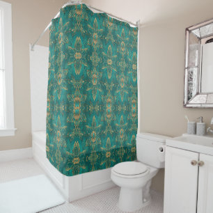 Aqua Pearlescent & Gold Mermaid Scale Pattern Shower Curtain