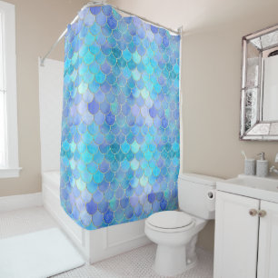 Aqua Pearlescent & Gold Mermaid Scale Pattern Shower Curtain