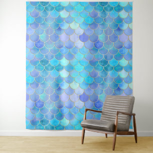 Aqua Pearlescent & Gold Mermaid Scale Pattern Tapestry