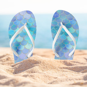 Aqua Pearlescent & Gold Mermaid Scale Pattern Thongs