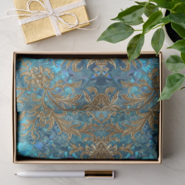 Aqua Pearlescent & Gold Mermaid Scale Pattern  Tissue Paper (Gift)