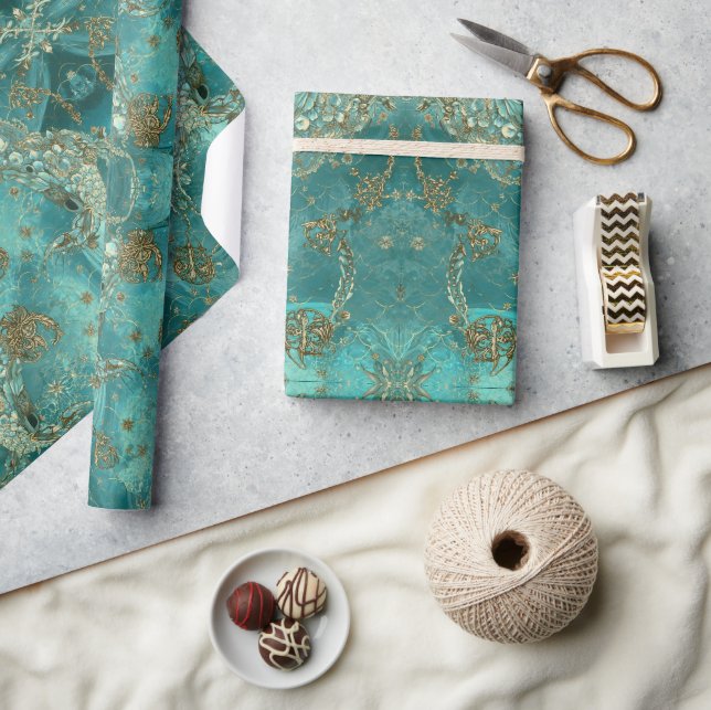Aqua Pearlescent & Gold Mermaid Scale Pattern  Wrapping Paper (Crafts)