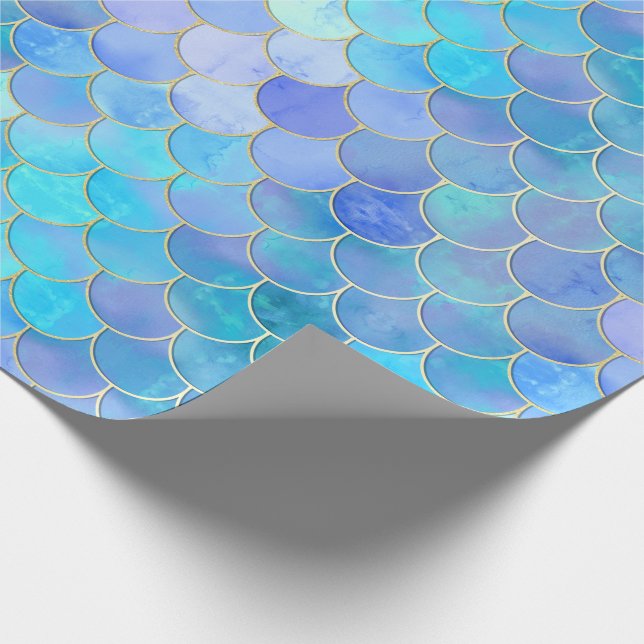Aqua Pearlescent & Gold Mermaid Scale Pattern Wrapping Paper (Corner)