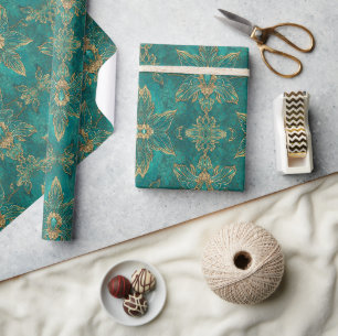 Aqua Pearlescent & Gold Mermaid Scale Pattern Wrapping Paper