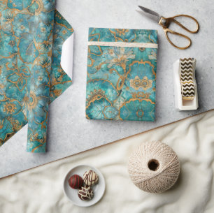 Aqua Pearlescent & Gold Mermaid Scale Pattern Wrapping Paper