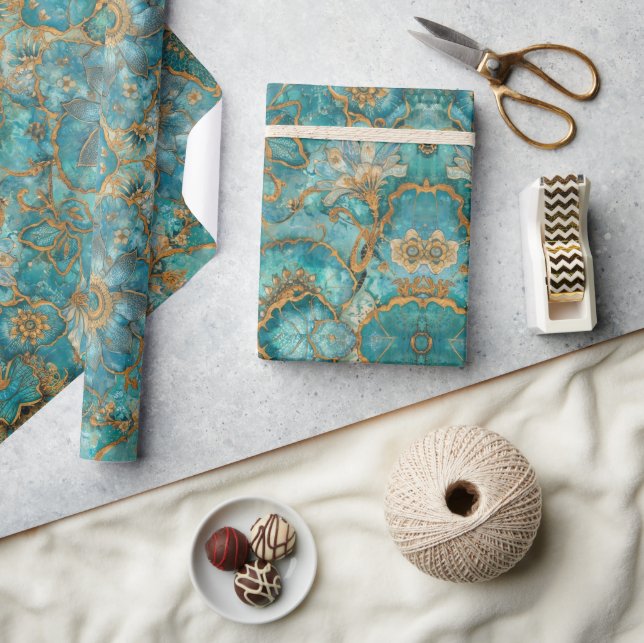 Aqua Pearlescent & Gold Mermaid Scale Pattern  Wrapping Paper (Crafts)