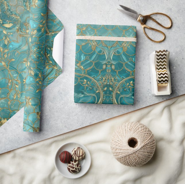 Aqua Pearlescent & Gold Mermaid Scale Pattern  Wrapping Paper (Crafts)