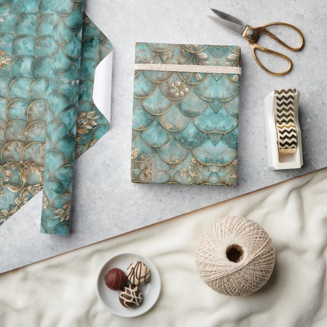 Aqua Pearlescent & Gold Mermaid Scale Pattern  Wrapping Paper (Crafts)