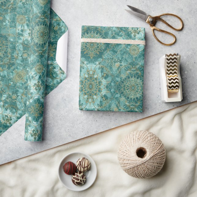 Aqua Pearlescent & Gold Mermaid Scale Pattern  Wrapping Paper (Crafts)
