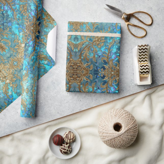 Aqua Pearlescent & Gold Mermaid Scale Pattern  Wrapping Paper (Crafts)