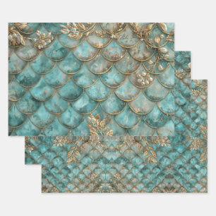 Aqua Pearlescent & Gold Mermaid Scale Pattern Wrapping Paper Sheet