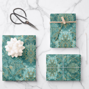 Aqua Pearlescent & Gold Mermaid Scale Pattern Wrapping Paper Sheet