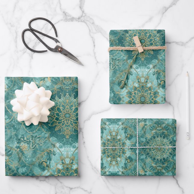 Aqua Pearlescent & Gold Mermaid Scale Pattern  Wrapping Paper Sheet (Front)