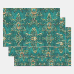 Aqua Pearlescent & Gold Mermaid Scale Pattern Wrapping Paper Sheet