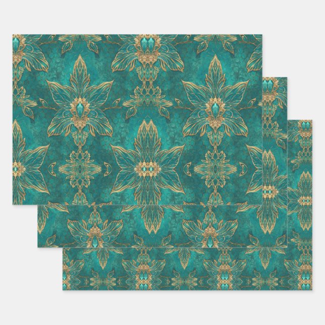 Aqua Pearlescent & Gold Mermaid Scale Pattern  Wrapping Paper Sheet (Set)