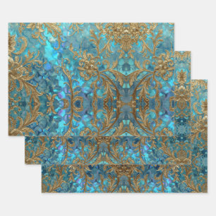 Aqua Pearlescent & Gold Mermaid Scale Pattern Wrapping Paper Sheet