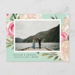 Aqua Peony and flowers Photo WEDDING SAVE THE DATE Announcement Postcard