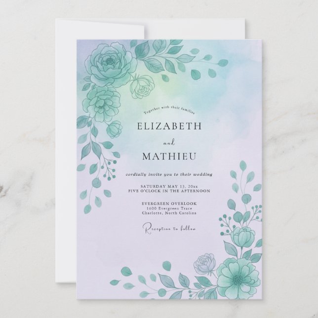 Aqua Periwinkle Petal Wedding Invitation (Front)