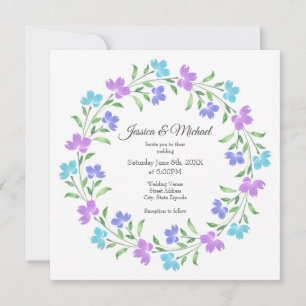 Aqua, Periwinkle, Purple Watercolor Floral Wreath Invitation