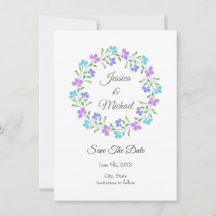 Aqua, Periwinkle, Purple Watercolor Floral Wreath Save The Date