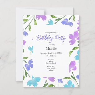 Aqua, Periwinkle, Purple Watercolor Flower Stems Invitation