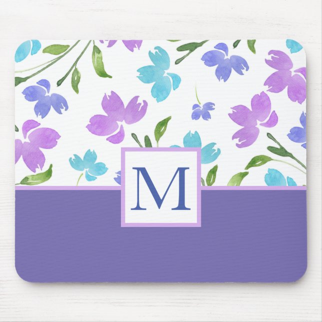 Aqua Periwinkle Purple Watercolor Flower Stems Mouse Pad (Front)
