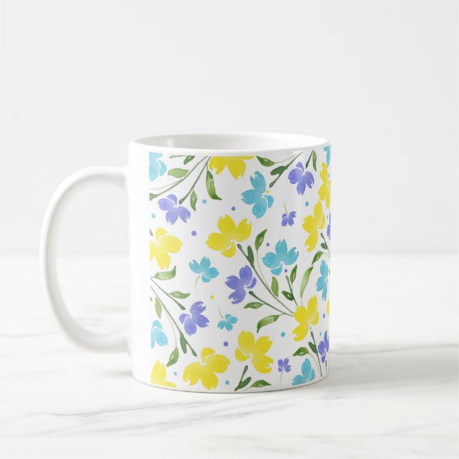 Aqua Periwinkle Yellow Watercolor Floral Stems  Coffee Mug (Left)