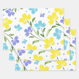 Aqua Periwinkle Yellow Watercolor Floral Stems Wrapping Paper Sheet