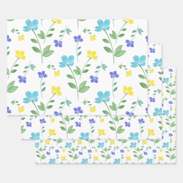 Aqua, Periwinkle, Yellow Watercolor Flower Pattern Wrapping Paper Sheet (Set)