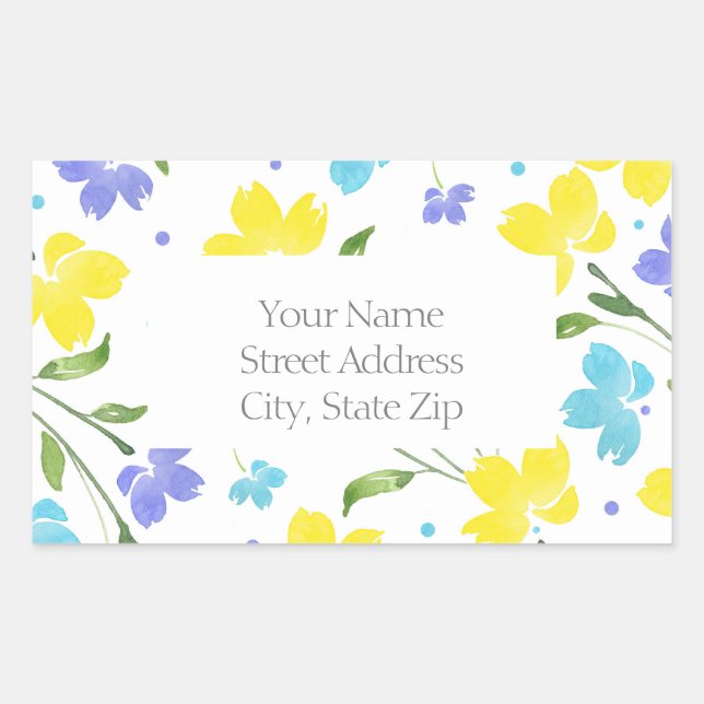 Aqua Periwinkle Yellow Watercolor Flower Stems Rectangular Sticker (Front)
