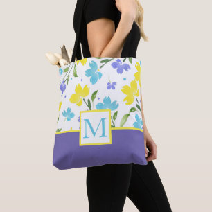 Aqua Periwinkle Yellow Watercolor Flower Stems Tote Bag