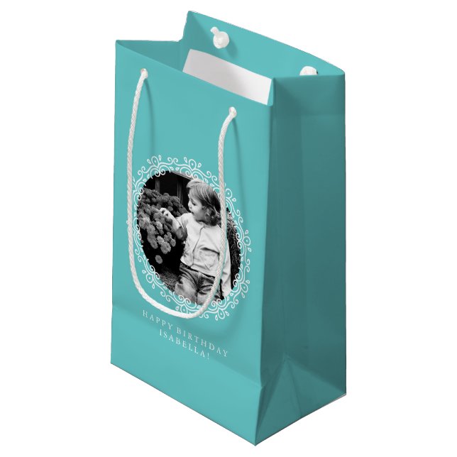Aqua Personalised Fancy Swirls Photo Frame Small Gift Bag (Front Angled)