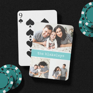 Aqua Personalized Family Name 3 Photo Collage Playing Cards