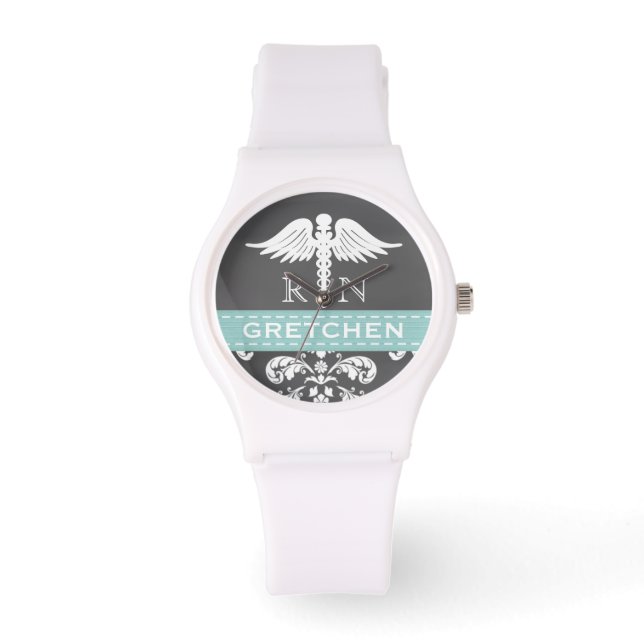 AQUA PERSONALIZED NURSE RN CADUCEUS CHALKBOARD WATCH (Front)