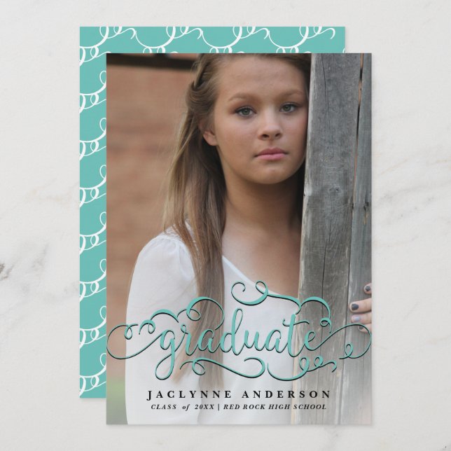 Aqua Photo Calligraphy Graduation Announcement (Front/Back)