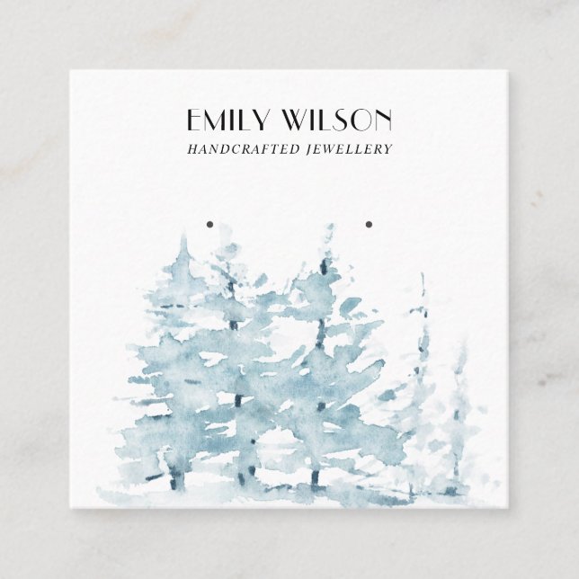 AQUA PINE TREE WINTER FOREST STUD EARRING DISPLAY SQUARE BUSINESS CARD (Front)